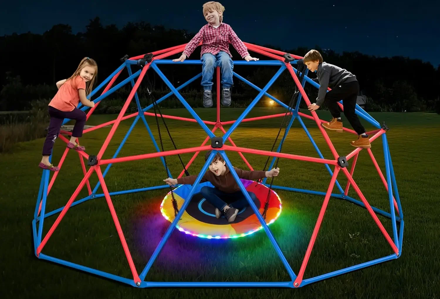 Kids Outdoor Jungle Gym Dome - Hapfan Klimkooi Schommelset met LED Schotel