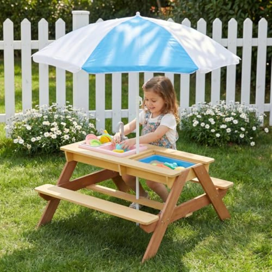 Kids Outdoor Sink - Buitentafel voor kinderen met parasol, houten