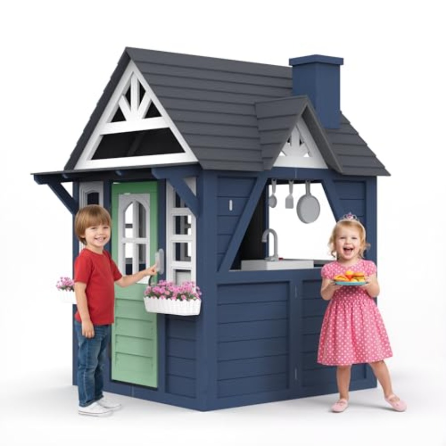 Kids Outdoor Kitchen - Buitenspeelhuis voor kinderen: houten, blauw, groot