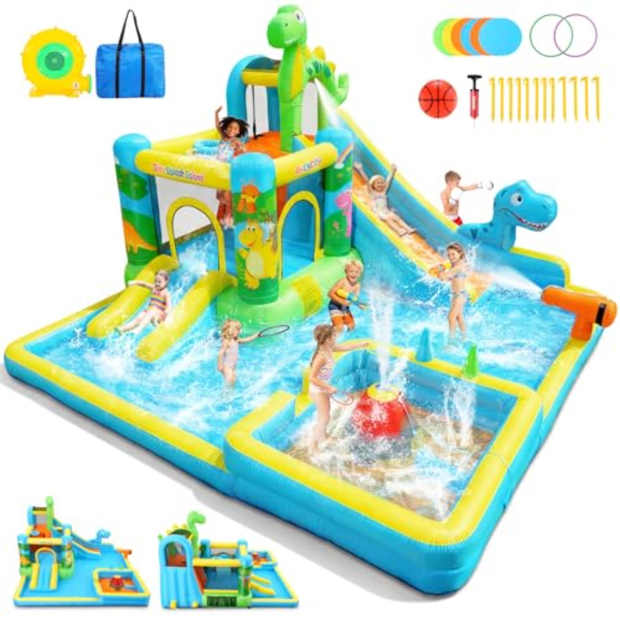 Kids Outdoor House - Opblaasbare waterglijbaan voor buiten: dino-thema 13-in-1