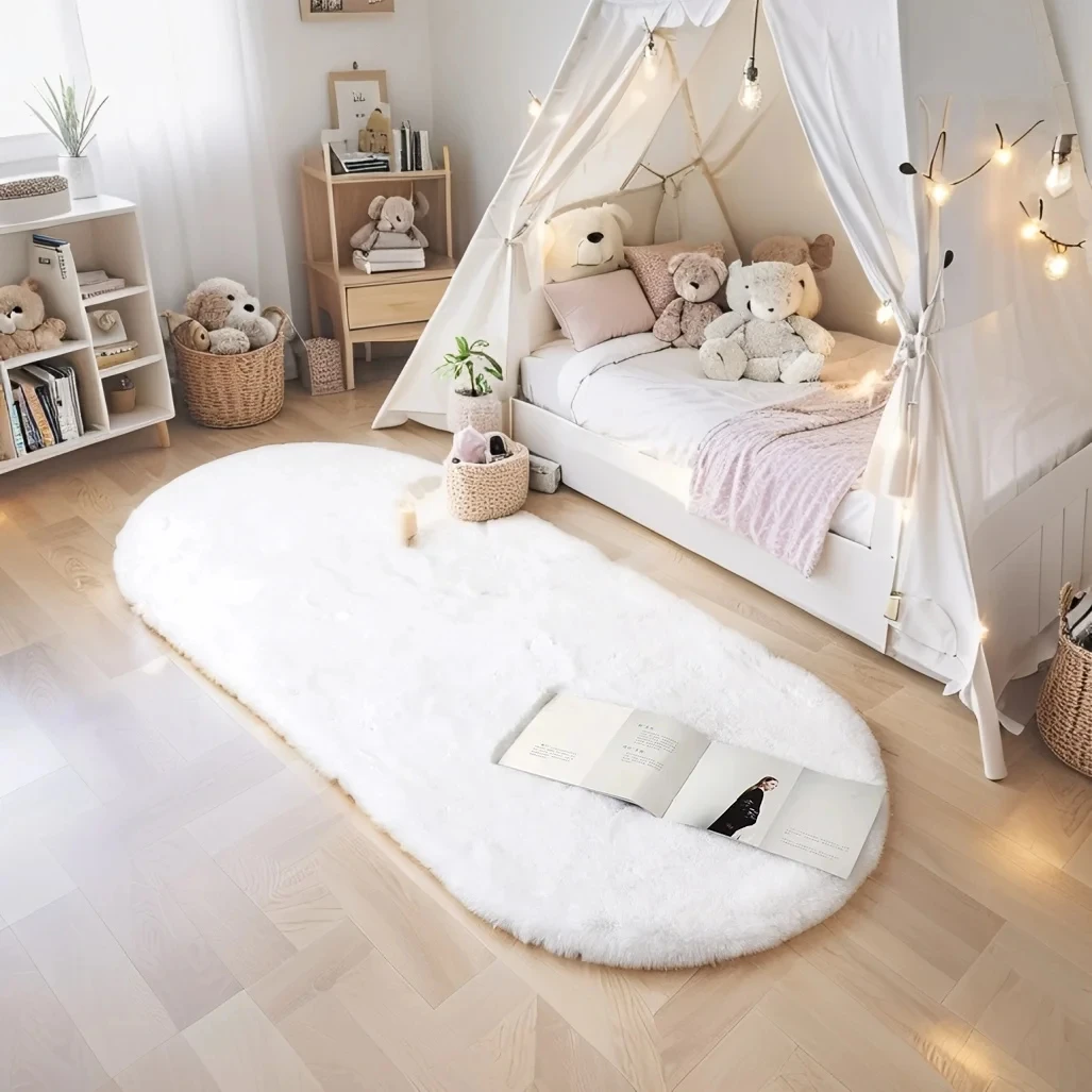 Kids Outdoor Floor Cushions - Ovaal Kunstkonijnenbontkleed Ultra Zacht Pluche Tapijt
