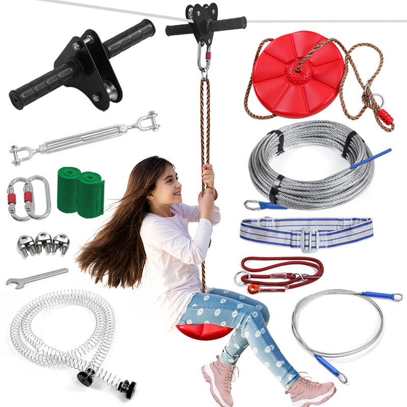 Kids Outdoor Zipline - Zipline-set voor kinderen met schijfschommelzitje, zip-line