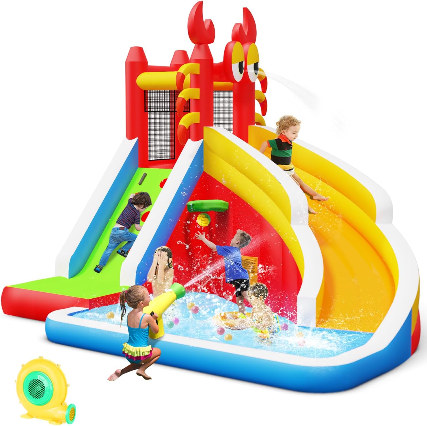 Kids Outdoor House With Slide - Grote opblaasbare springkasteel met waterglijbaan voor