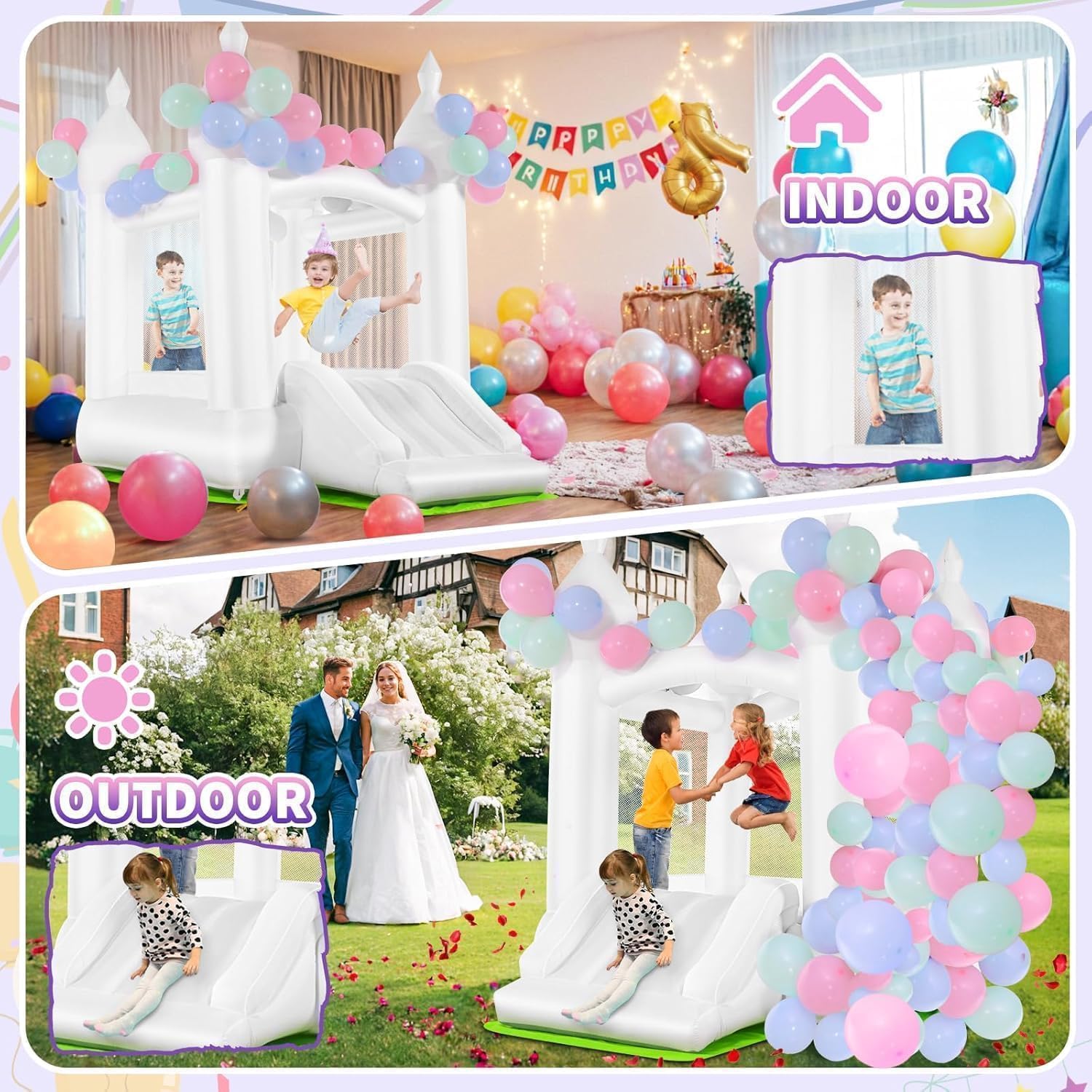 Witte springkasteel binnen en  - Kids Outdoor House recensie en prijs